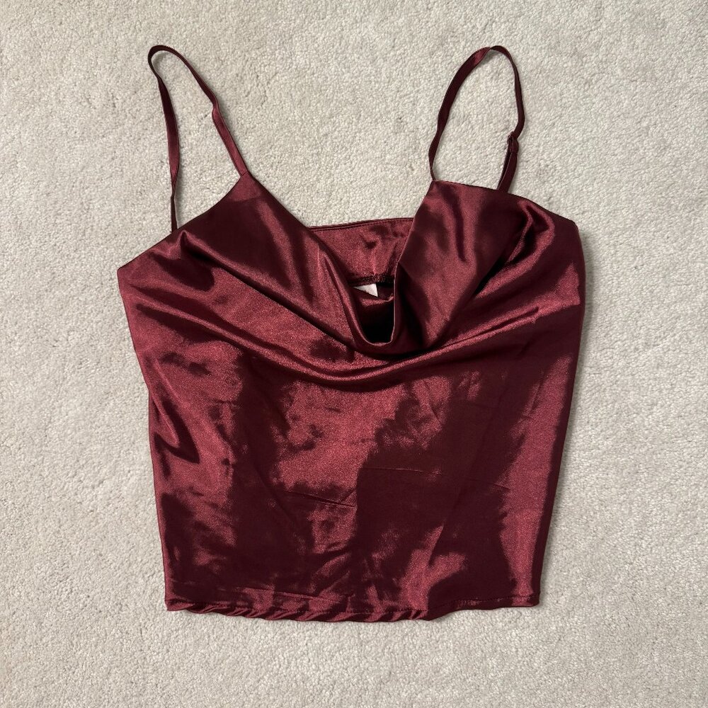 Maroon Satin Cowl Neck Top